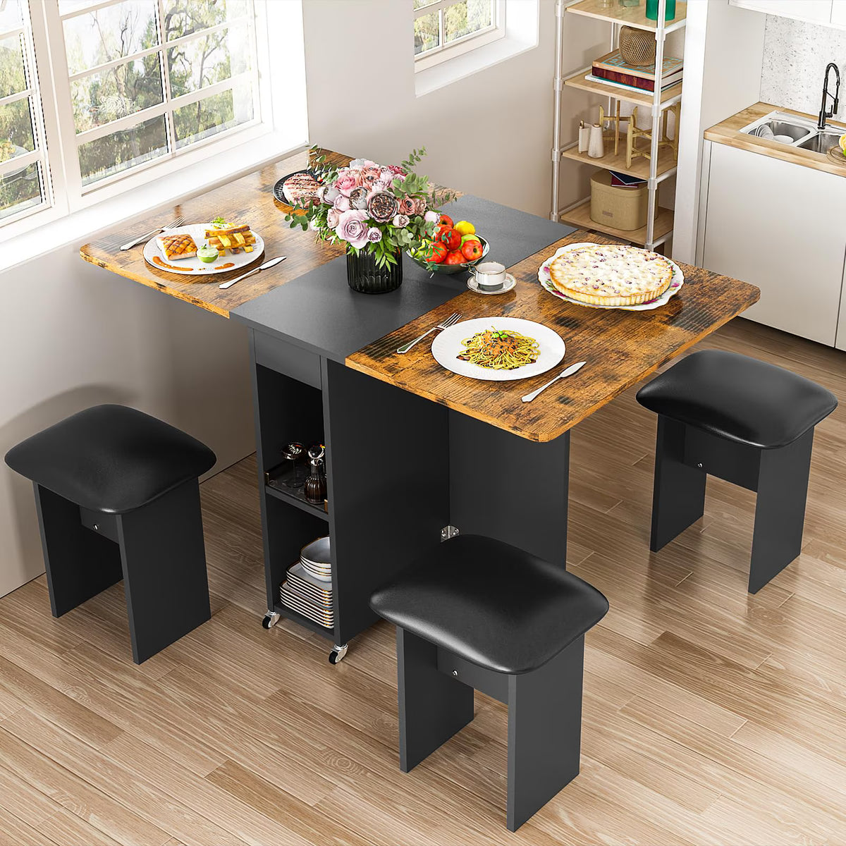 MOOSENG Folding Dining Table Set for 4, Dinner Table with 4 Leather Chairs and Shelves, Space Saving Foldable Dining Table with 6 Wheels, Kitchen Table Set for Small Spaces