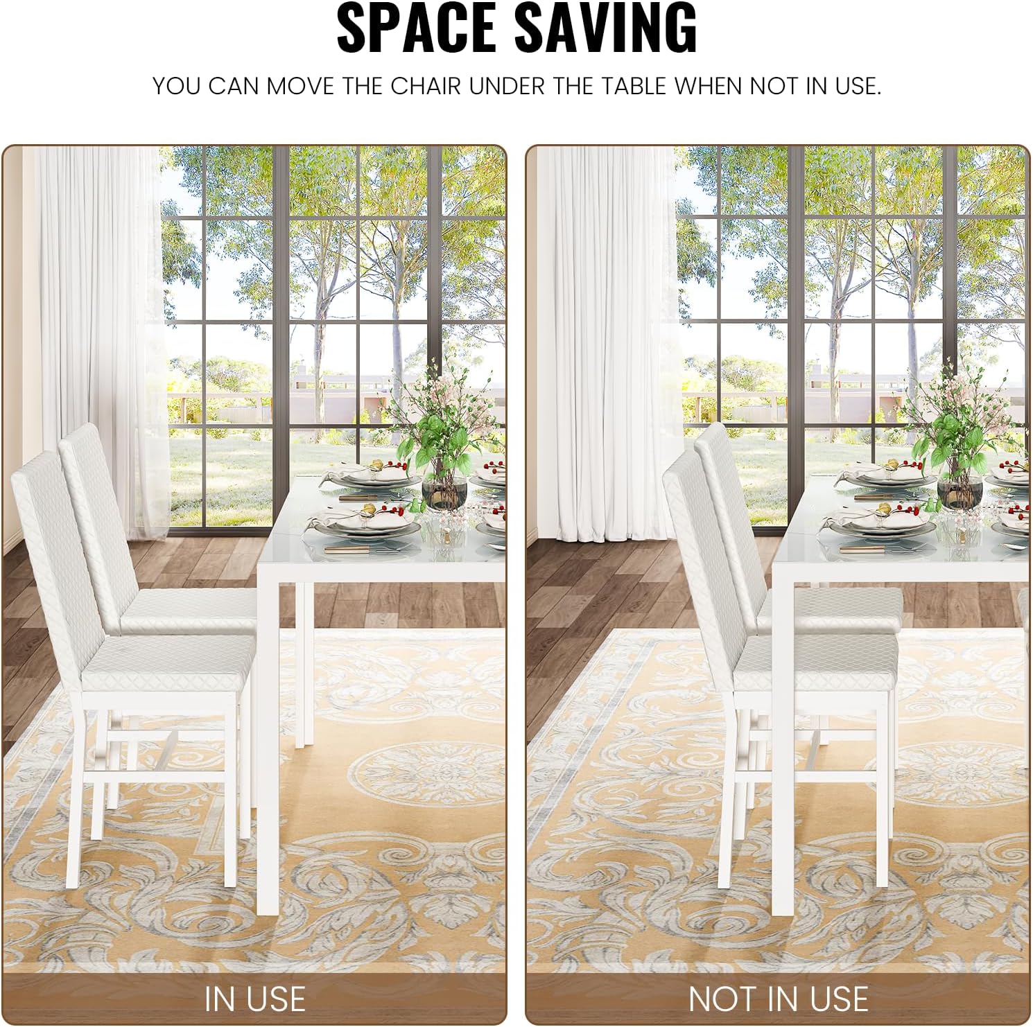 LinkRomat Dining Table Set for 4, Glass Table & PU Leather Chairs, Kitchen Tabletop and Chairs Set for Small Space, Apartment, Home Furniture, White