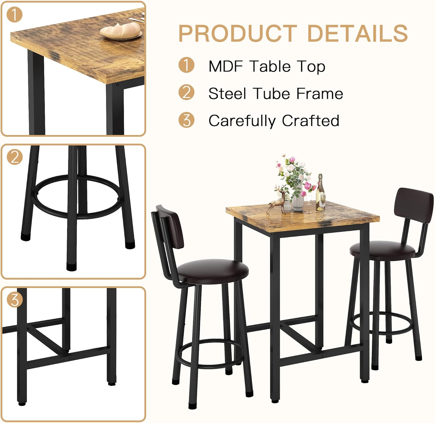 3 Piece Pub Dining Set, 24" Dining Table Set with 2 PU Leather Upholstered Stools, Square Small Space Kitchen Table Pub Set for Apartment Dining Room, Living Room