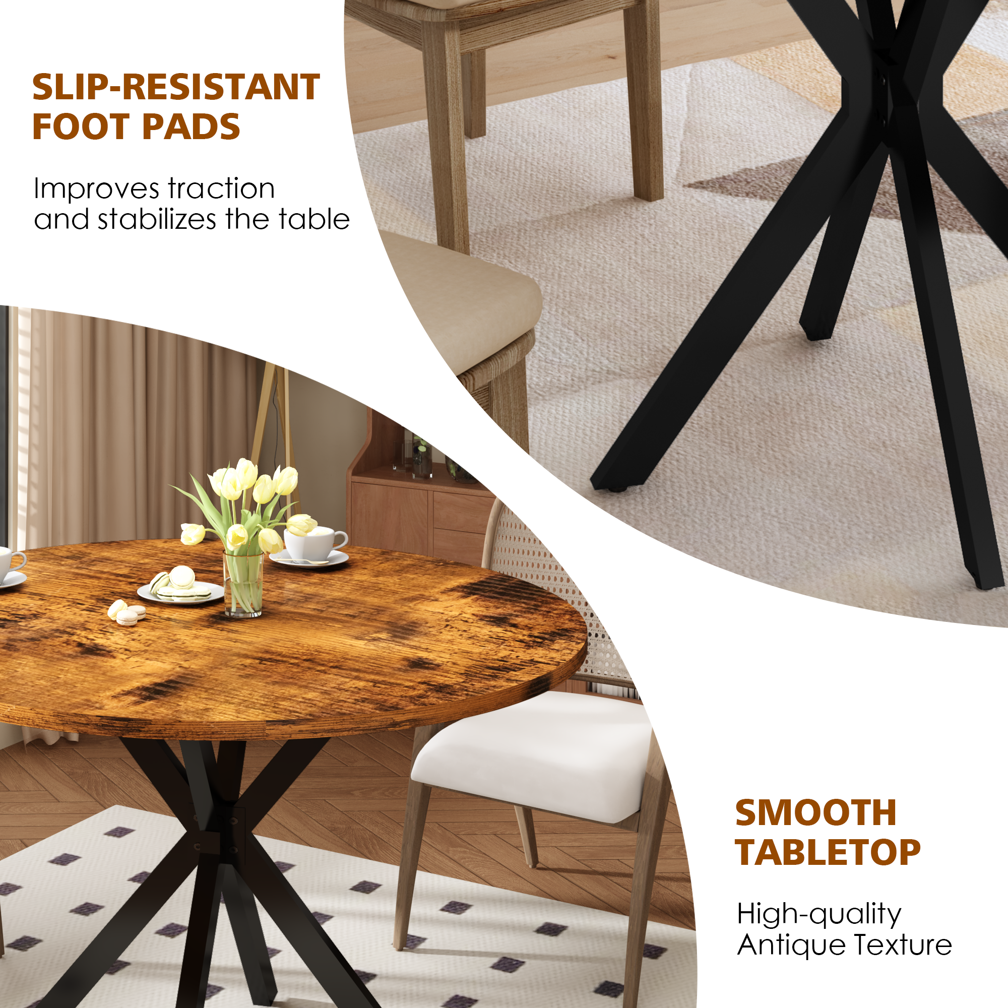 LinkRomat Mid-Century Round Kitchen Table, 39" Leisure Dining Table with 1.18" Thick Top & Black Metal Legs for 4–5 People, Walnut