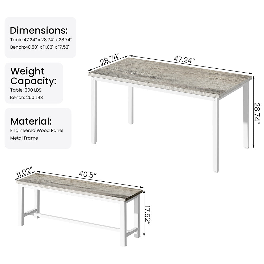 LinkRomat 3 Piece Dining Room Table Set for 4, 47" Farmhouse Dining Table with Benches, Rectangular Kitchen Sets for Small Space, Apartment, Restaurant, Grey & Black