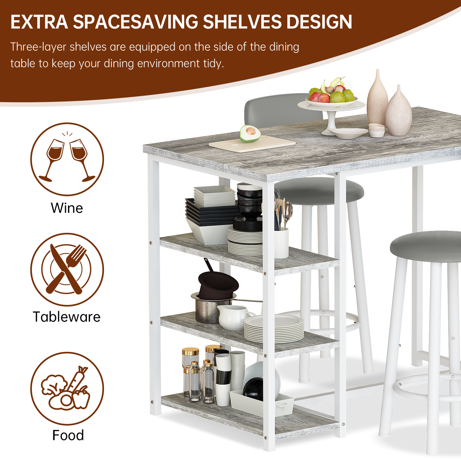 LinkRomat Dining Table Set for 2,3 Piece Pub Table and Chairs Set with Storage Shelves, Small Space Bistro Kitchen & Bar Tables, Counter Height Dining Set