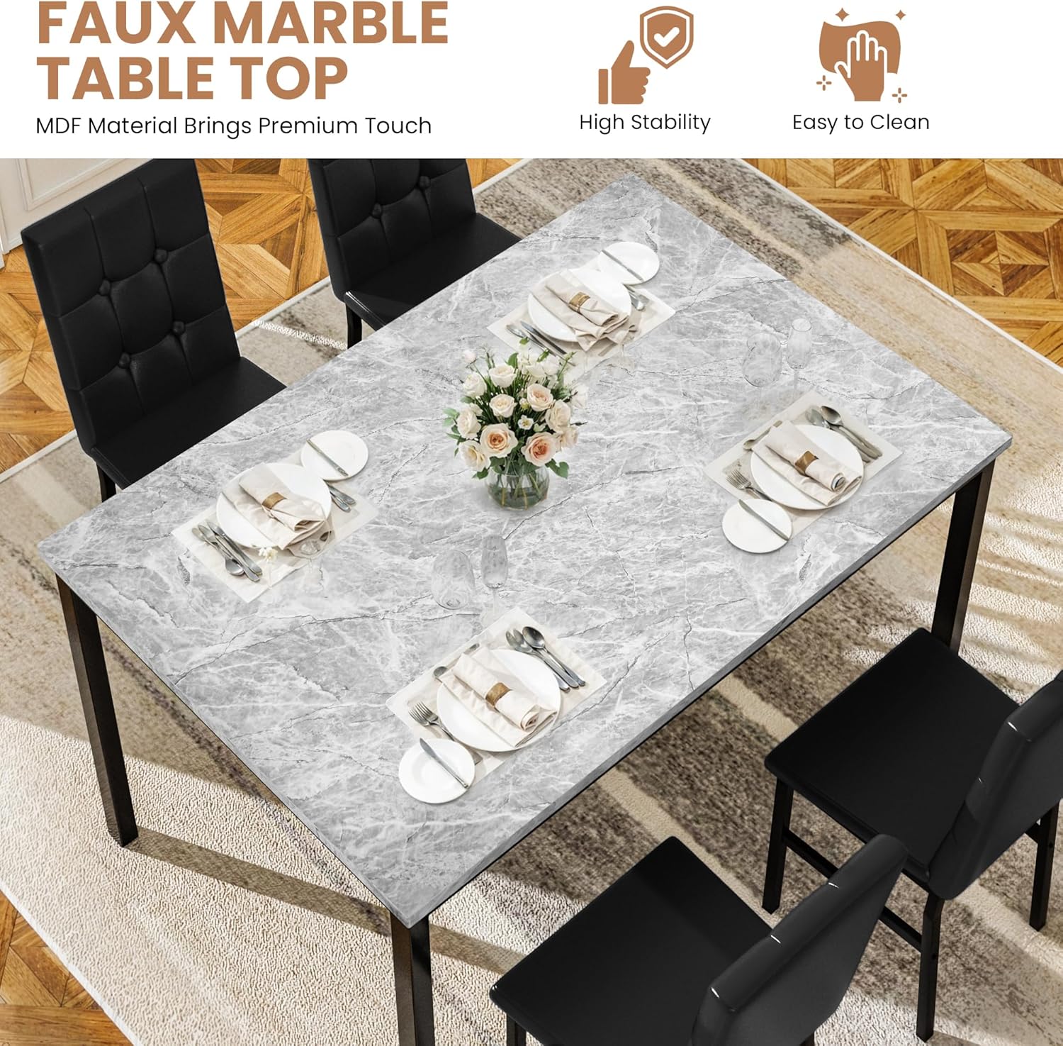 LinkRomat Modern Dining Table Set, Grey Faux Marble Rectangular Table Set and 4 Black PU Cushion Chairs, Dining Room Home Furniture for Small Space