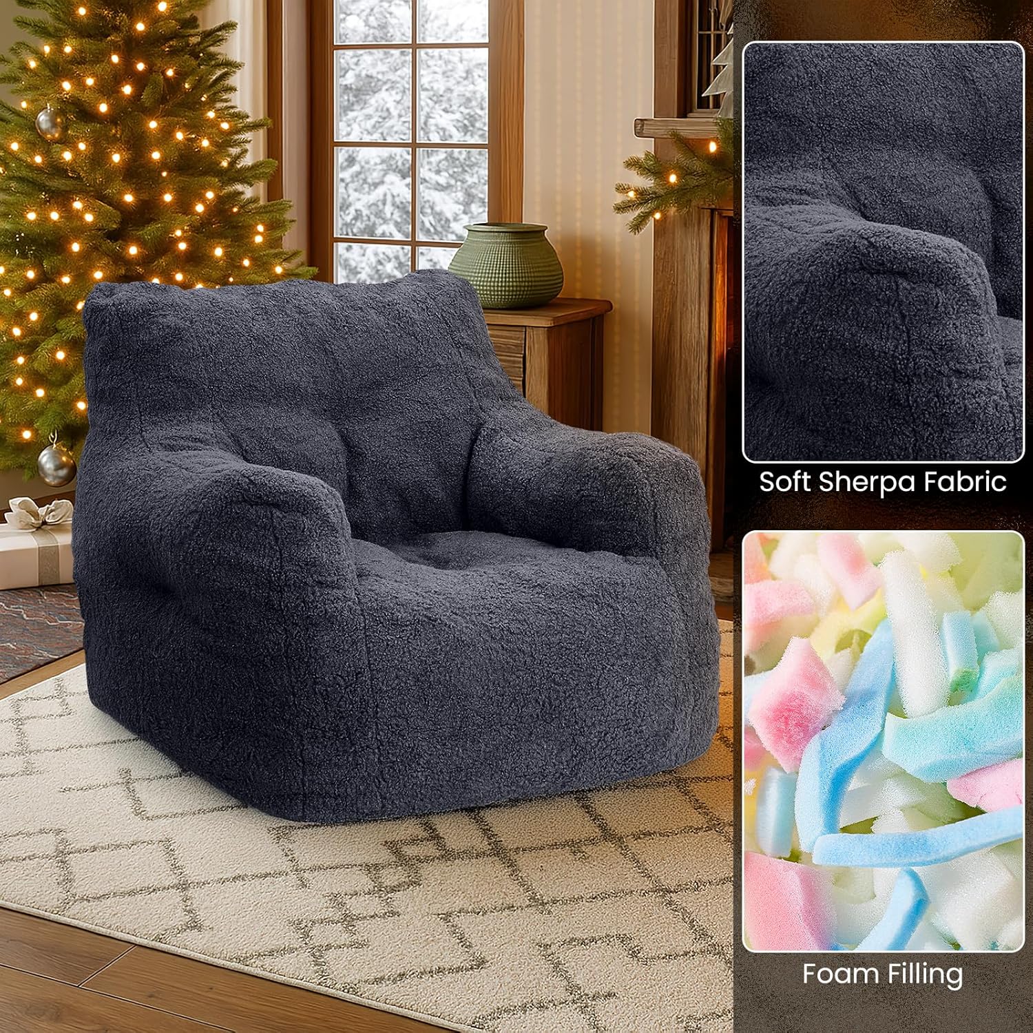 LinkRomat Bean Bag Chair, Bean Bag Sofa with Tufted Soft Stuffed Filling, Fluffy and Lazy Sofa with Premium Memory Foam Filler for Living Room, Bedroom, Dorm