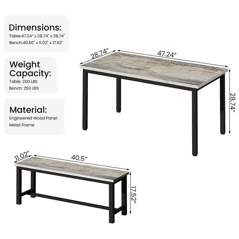 LinkRomat 3 Piece Dining Room Table Set for 4, 47" Farmhouse Dining Table with Benches, Rectangular Kitchen Sets for Small Space, Apartment, Restaurant, Grey & Black