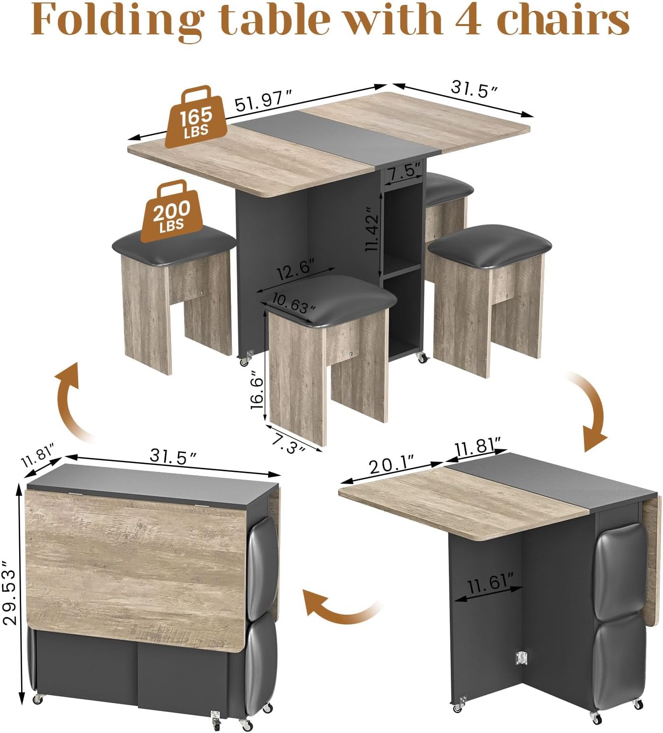 LinkRomat Folding Dining Table Set for 4, Kitchen Table with Shelves & 4 Leather Chairs, Space Saving Foldable Dining Table with 6 Wheel (Grey)