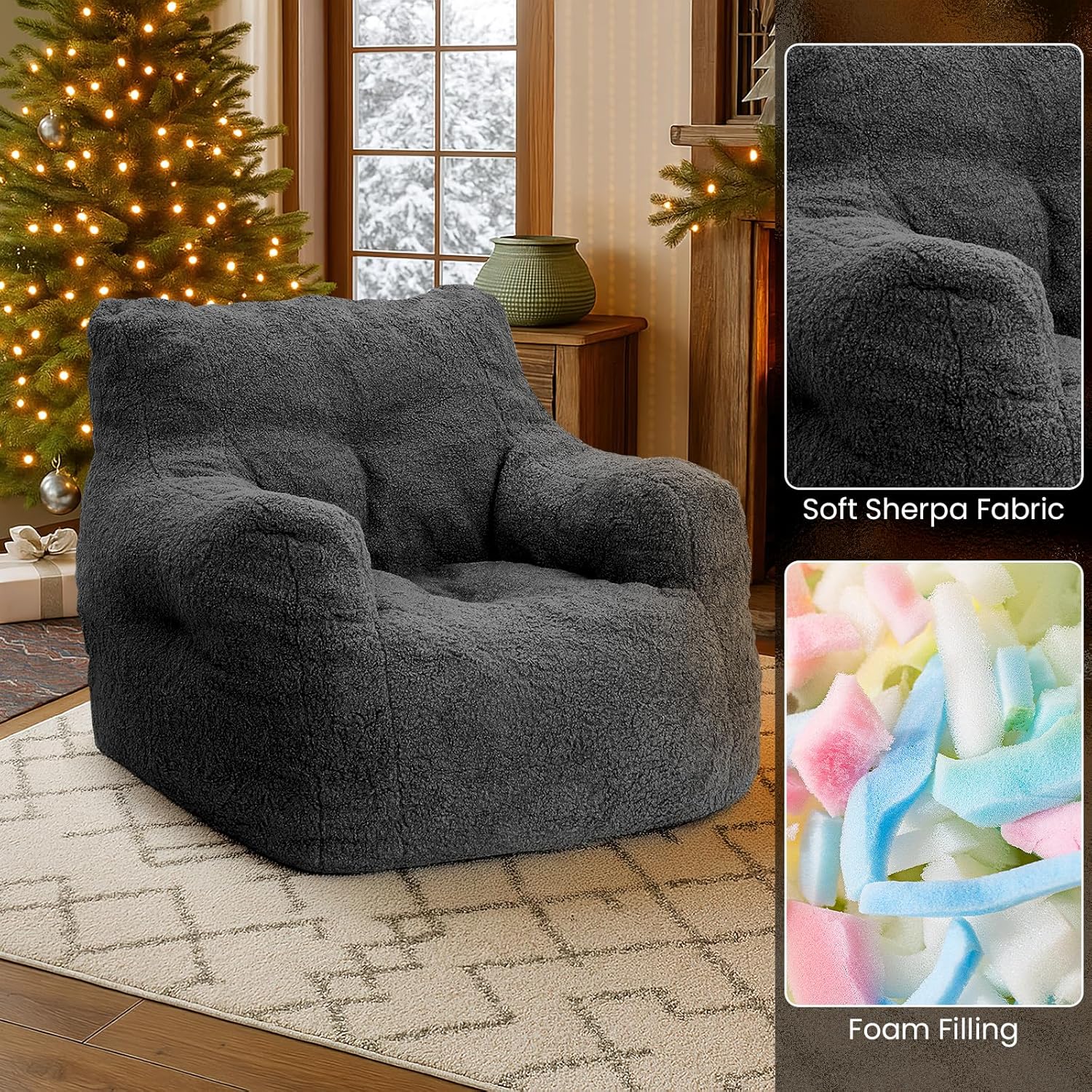 LinkRomat Bean Bag Chair, Bean Bag Sofa with Tufted Soft Stuffed Filling, Fluffy and Lazy Sofa with Premium Memory Foam Filler for Living Room, Bedroom, Dorm