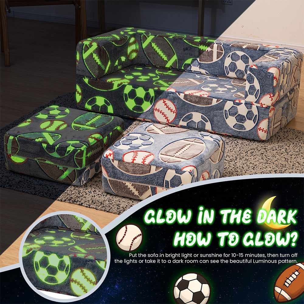 LinkRomat Modular Kids Play Couch, Toddler & Child Sectional Sofa, Glow in Dark, 3-in-1 Convertible Play Couch with High-Density Foam for Boys Girls