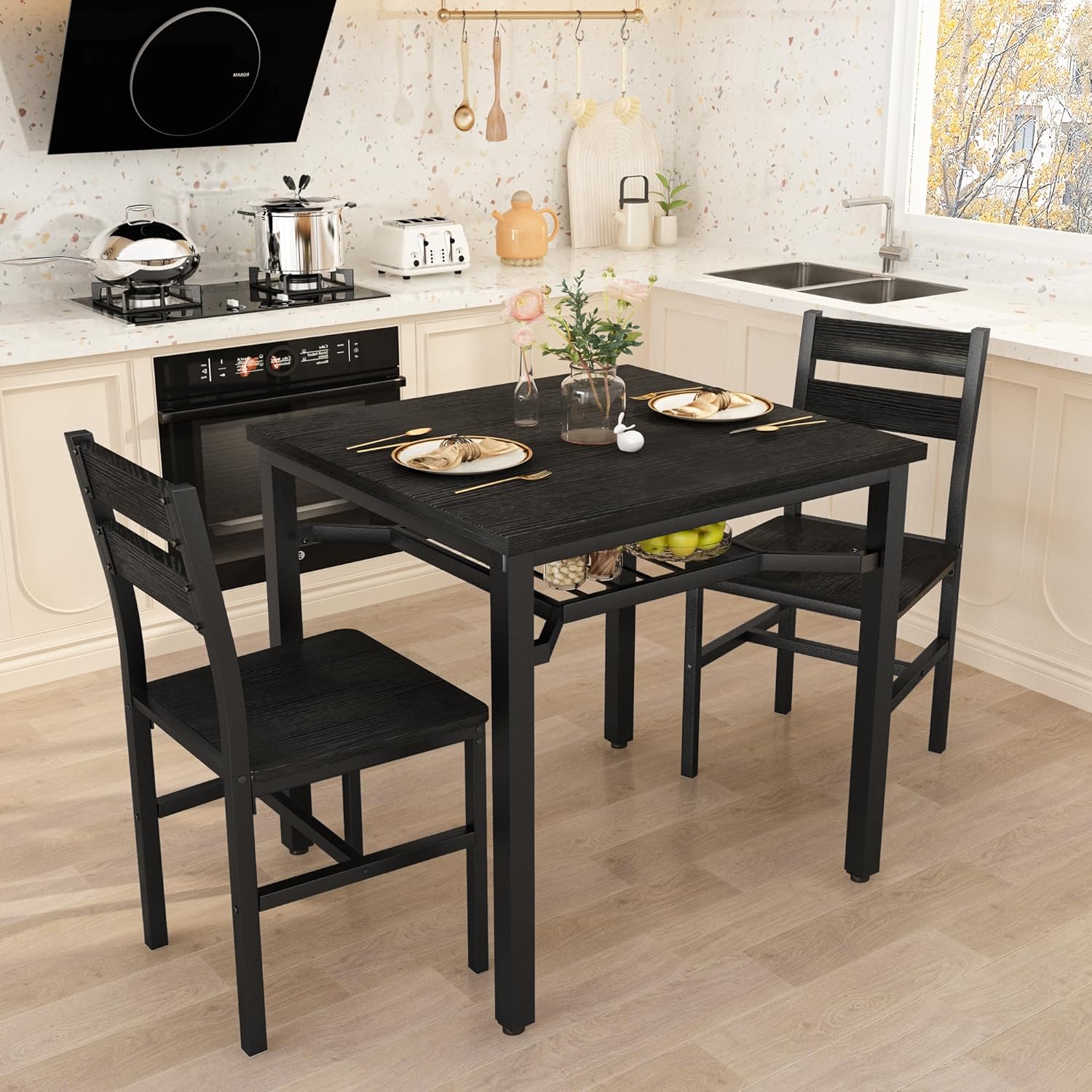 LinkRomat Small Dining Table for 2, Wooden Dinner Table with Storage, 3 Piece Farmhouse Square Dinette Set for Dining Room, Apartment, Small Space