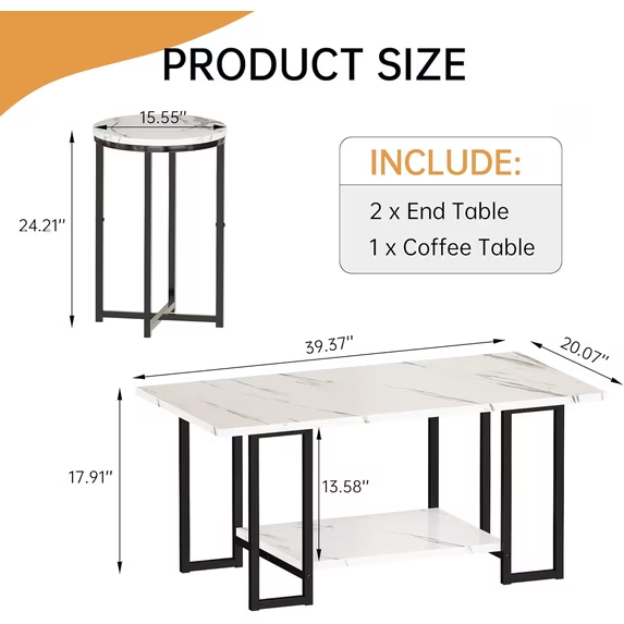Cvortll 3-Piece Living Room Table Set, Coffee Table with 2 Round End Tables, Faux Marble Top & Metal Frame, for Apartment & Home, White