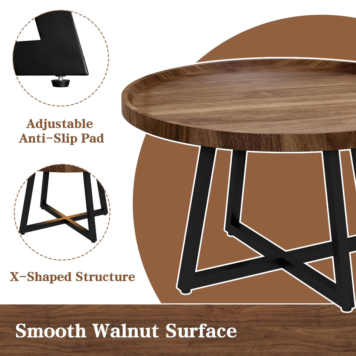 MOOSENG Coffee Table Set of 3, Industrial Vintage Wood Coffee Table with 2 Square End Side Tables, Easy Assembly Living Room Table Set for Offices, Living Rooms and Apartments
