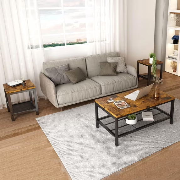 MOOSENG Coffee Table Set of 3, Industrial Vintage Wood Coffee Table with 2 Square End Side Tables, Easy Assembly Living Room Table Set for Offices, Living Rooms and Apartments