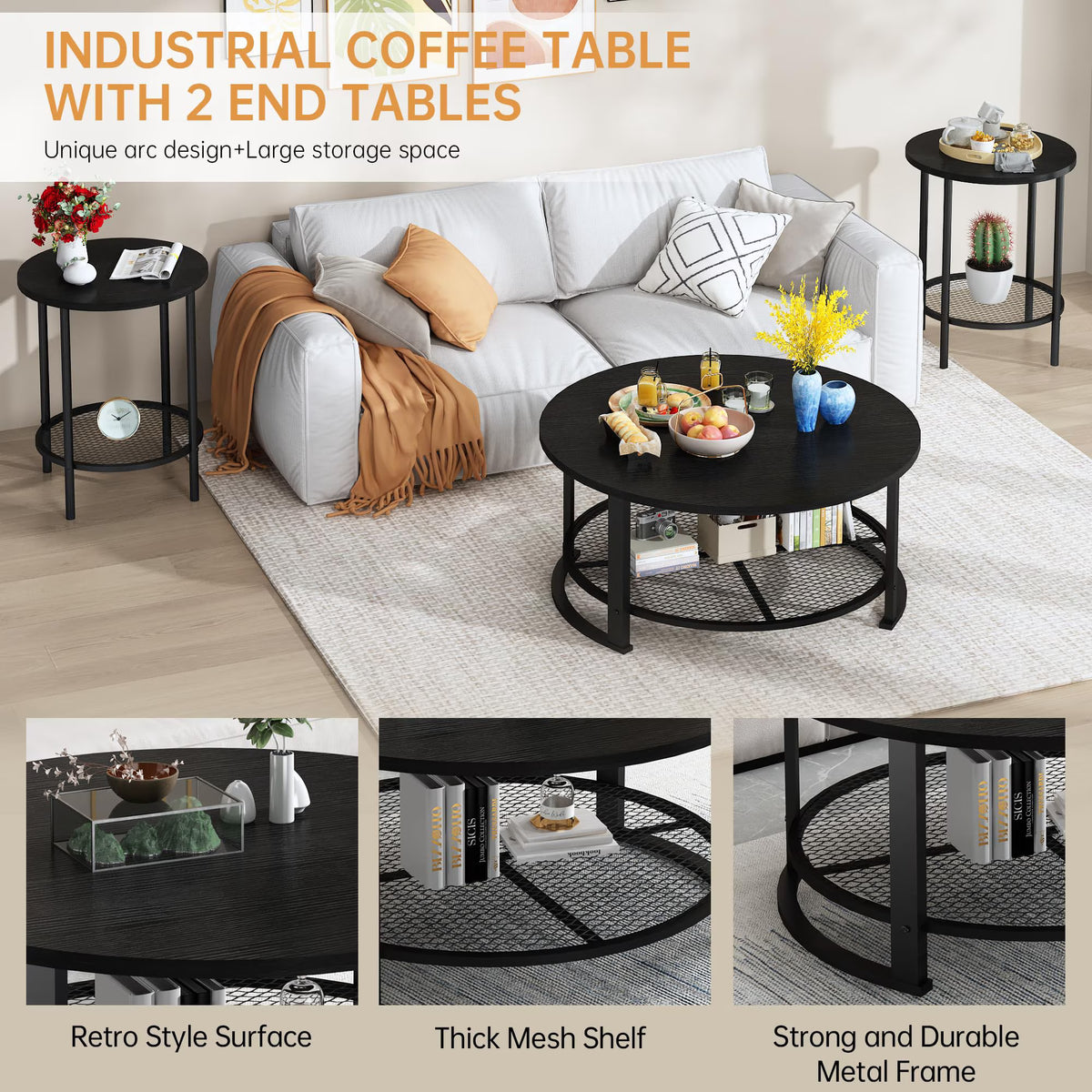 MOOSENG Coffee Table Set of 3, Industrial Vintage Wood Coffee Table with 2 Square End Side Tables, Easy Assembly Living Room Table Set for Offices, Living Rooms and Apartments