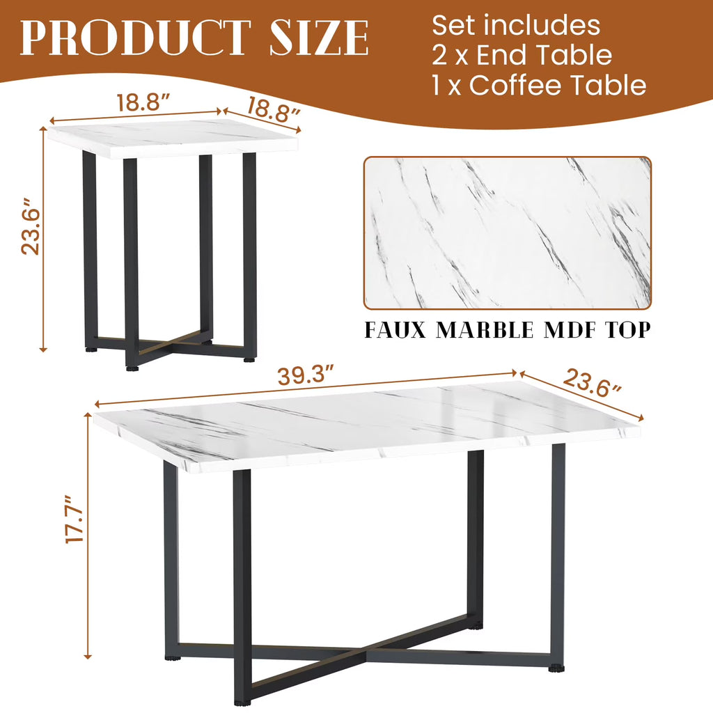 MOOSENG Coffee Table Set of 3, Industrial Vintage Wood Coffee Table with 2 Square End Side Tables, Easy Assembly Living Room Table Set for Offices, Living Rooms and Apartments