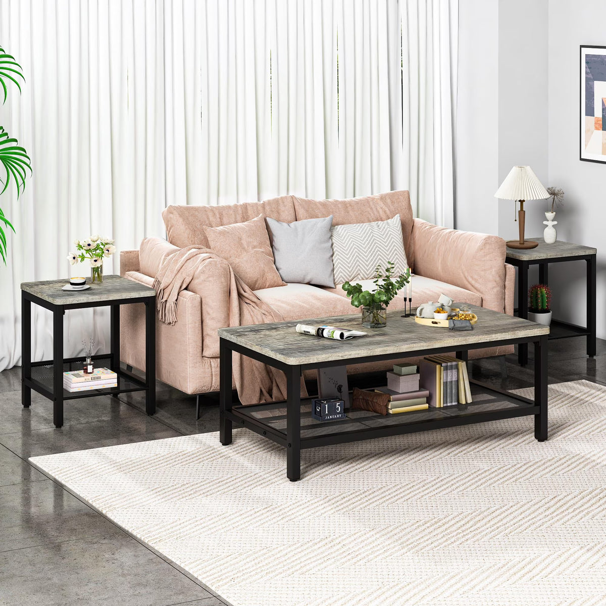 MOOSENG Coffee Table Set of 3, Industrial Vintage Wood Coffee Table with 2 Square End Side Tables, Easy Assembly Living Room Table Set for Offices, Living Rooms and Apartments