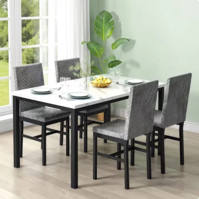 LinkRomat 5 Pieces Dining Table Set for 4, Small Dining Room Sets with Faux Marble Table & Velvet Chairs, Kitchen Table Set with Chair for 4, Gray