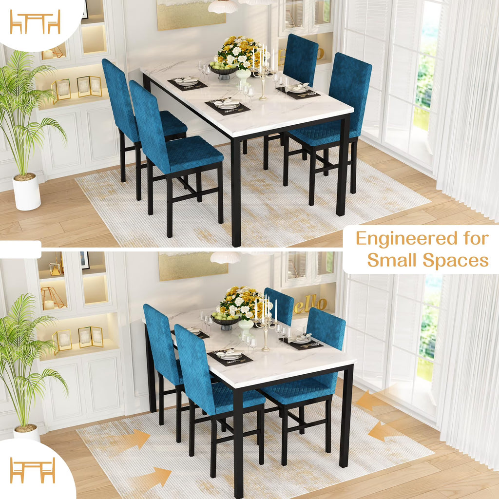 MOOSENG Small Dining Table Set for 4, 5 Pieces Dining Room Sets with Faux Marble Table & Velvet Chairs, Modern Kitchen Table Set with Chair for 4