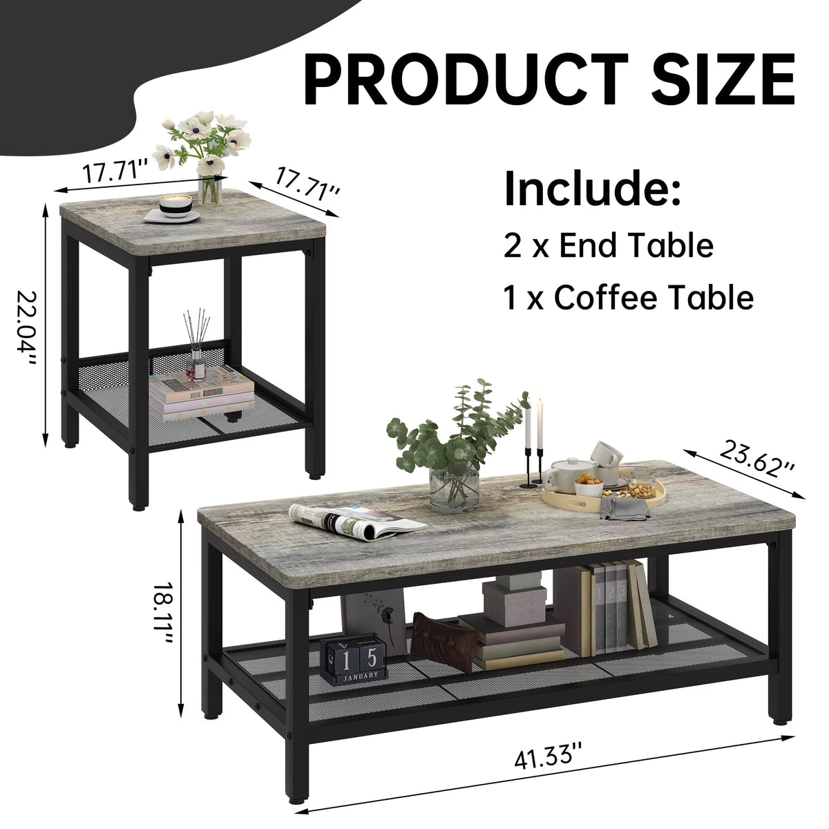 MOOSENG Coffee Table Set of 3, Industrial Vintage Wood Coffee Table with 2 Square End Side Tables, Easy Assembly Living Room Table Set for Offices, Living Rooms and Apartments