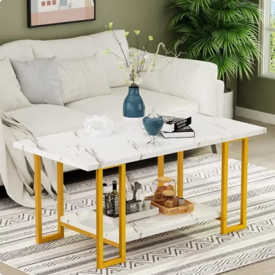 LinkRomat Modern Coffee Table, 40" Faux Marble Top Rectangular Coffee Table with Gold Metal Frame, 2 Tier Living Room Table for Living Room, Office, Balcony, White and Gold