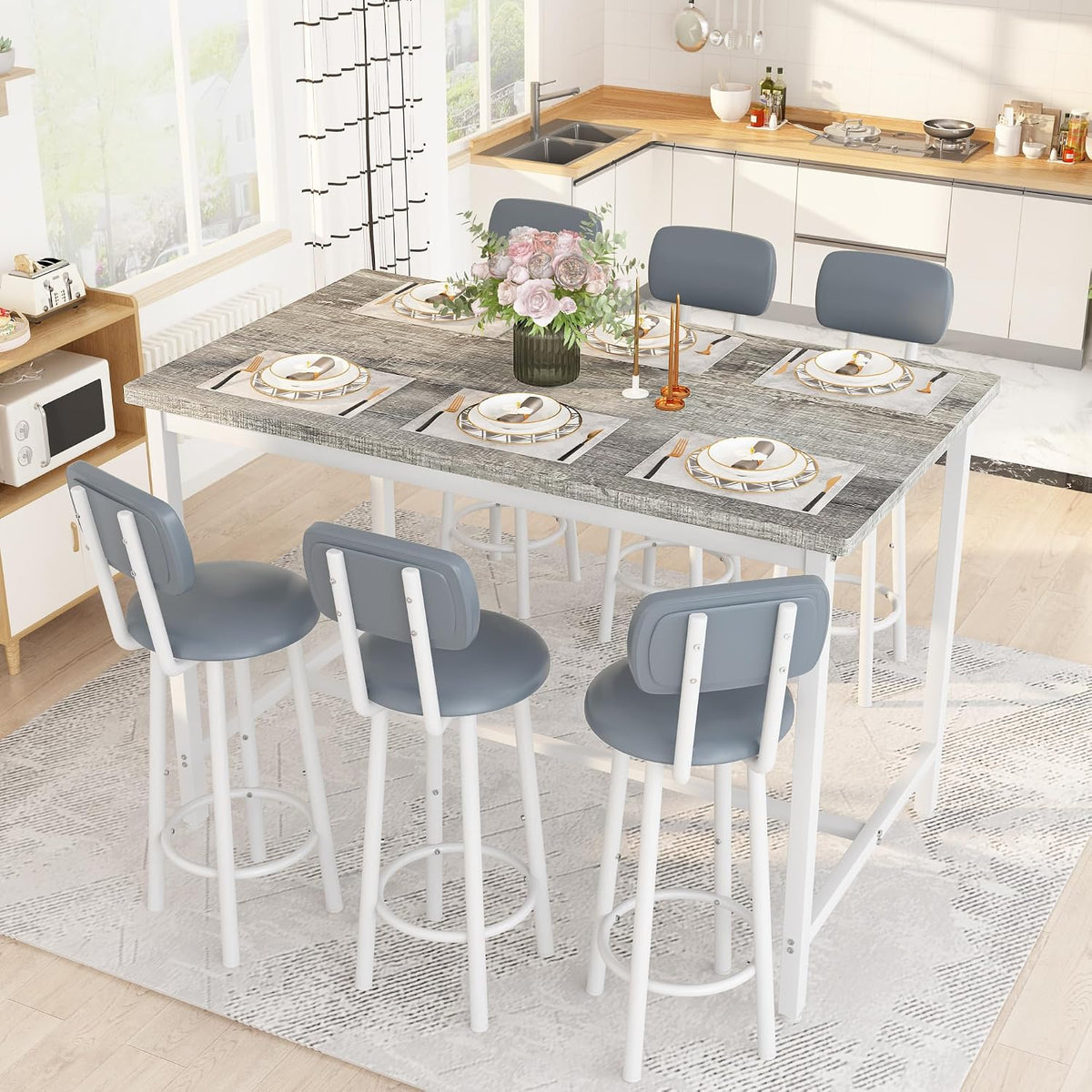 7-Piece Dining Table Set for 6, 50" Wood High-Dining Bistro Set with 6 Backrest Cushion Stools, Saving Space Pub and Chairs Sets for Bar, Kitchen, Gray