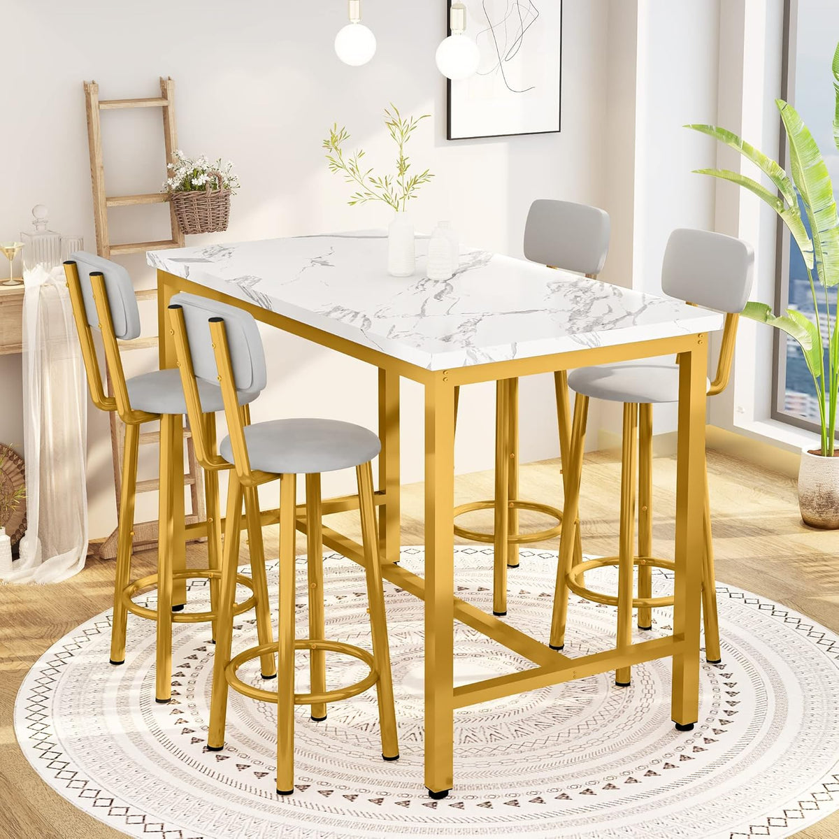 MOOSENG 4-Piece Counter Height Bar Table Dining Set with Metal Frame & 4 PU Stools, Space-Saving for Kitchen, Restaurant, Small Apartment