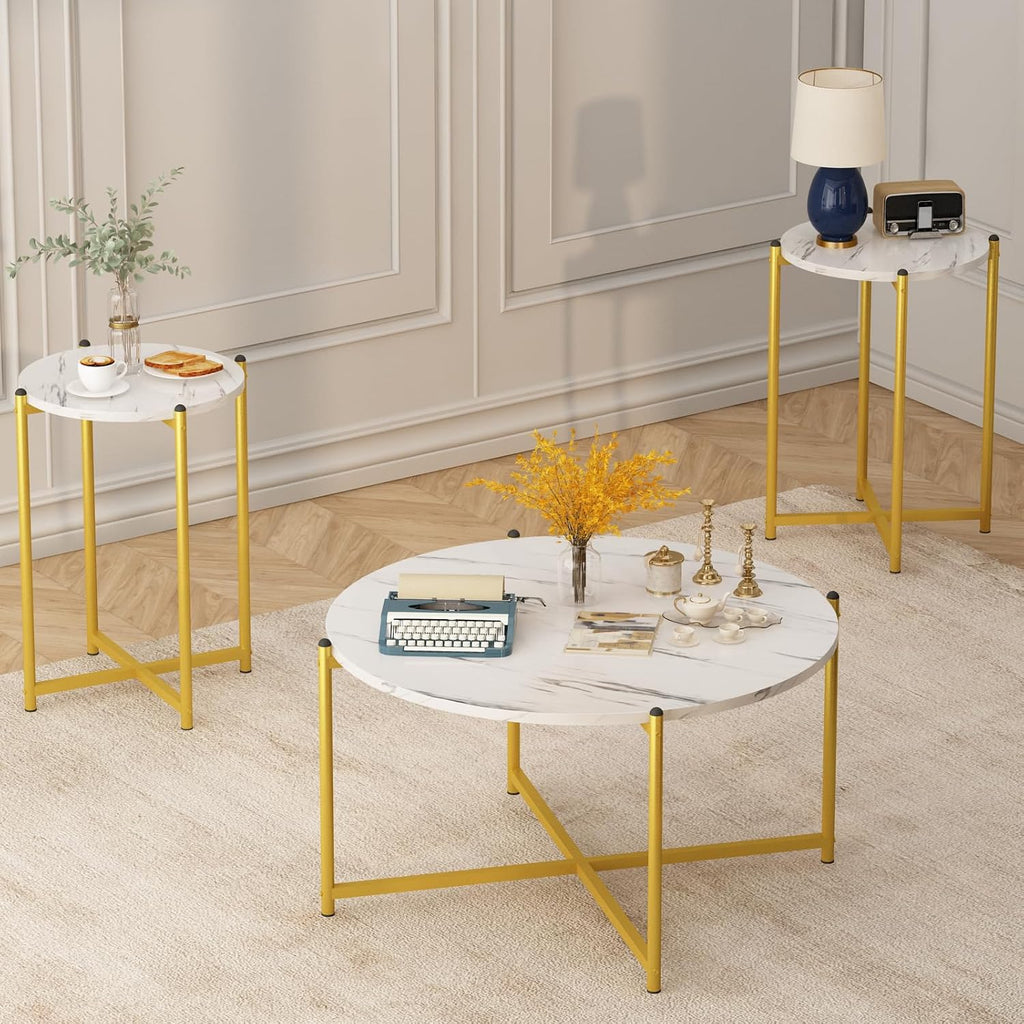 Cvortll Coffee Table Set of 3, Round Faux Marble Top with Cross Metal Frame, Modern Living Room Table for Apartment （White & Gold）