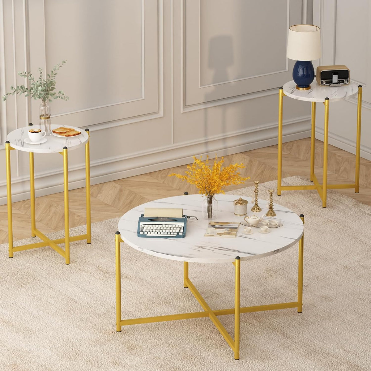 Cvortll Coffee Table Set of 3, Round Faux Marble Top with Cross Metal Frame, Modern Living Room Table for Apartment （White & Gold）