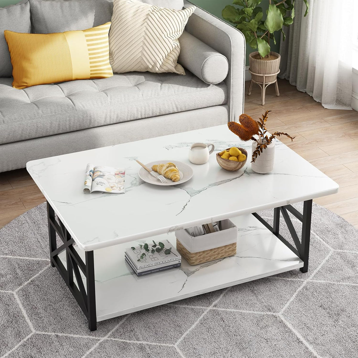 MOOSENG Coffee Table with Storage Shelf, 2-Tier Industrial Living Room Table Round Corners , Faux Marble Center Table with Metal Frame, Rustic Cocktail Table for Living Room