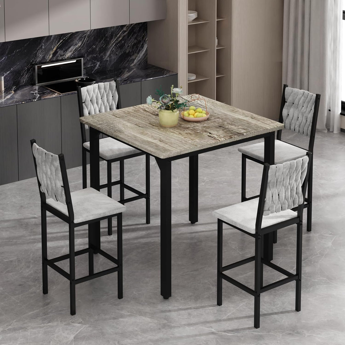 MOOSENG 5-Piece Counter Height Dining Table Set, Square Kitchen Table Set for 4 & 4 Velvet Bar Stools, Modern High Top Compact Dining Set Table for Small Spaces