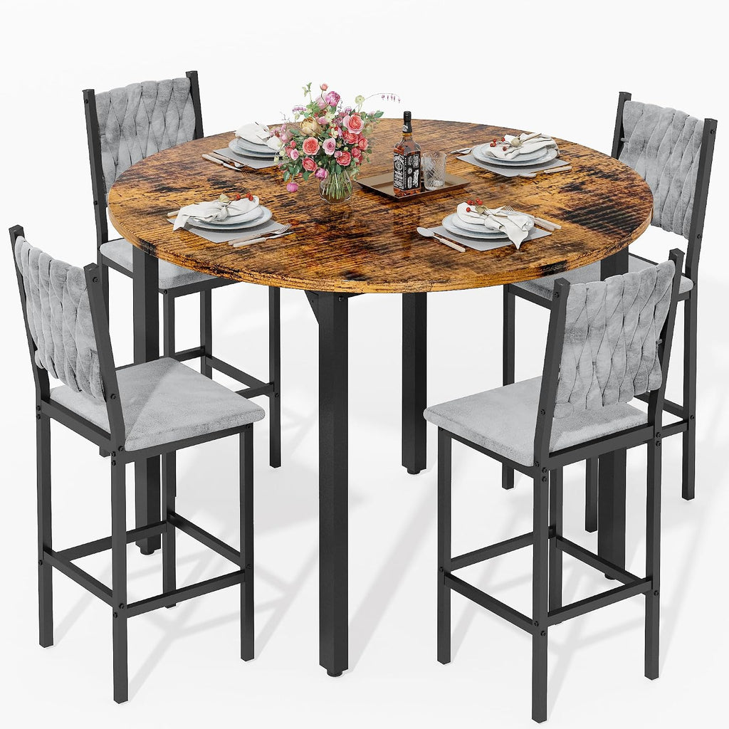 MOOSENG 5 Piece Round Dining Table Set for 4, Counter Height Dining Set with 4 Velvet Upholstered Chairs, Modern Kitchen Table Set, Round Dining Table & Chair for Small Spaces