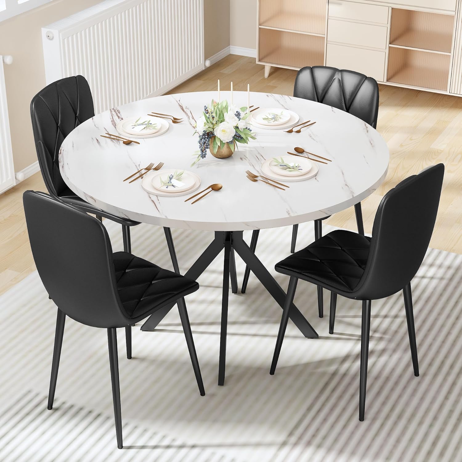 LinkRomat Round Kitchen Table and Chairs Set, 5-Piece Dining Room Table Set with Faux Marble Top & 4 Luxury Diamond Tufted Chairs, Used in Kitchens and Dining