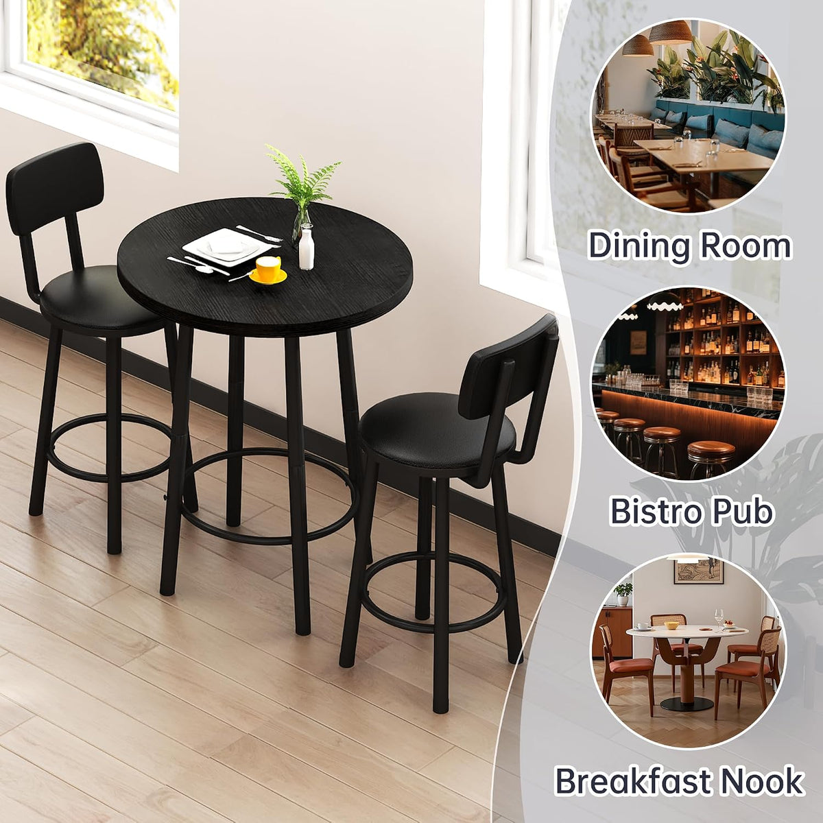 MOOSENG 3 Piece Counter Height Dining Table Set for 2, Bar Table Set of 2 Bistro Kitchen Table Sets with 2 PU Leather Bar Stools, Bar Table Set for Breakfast Nook Small Space