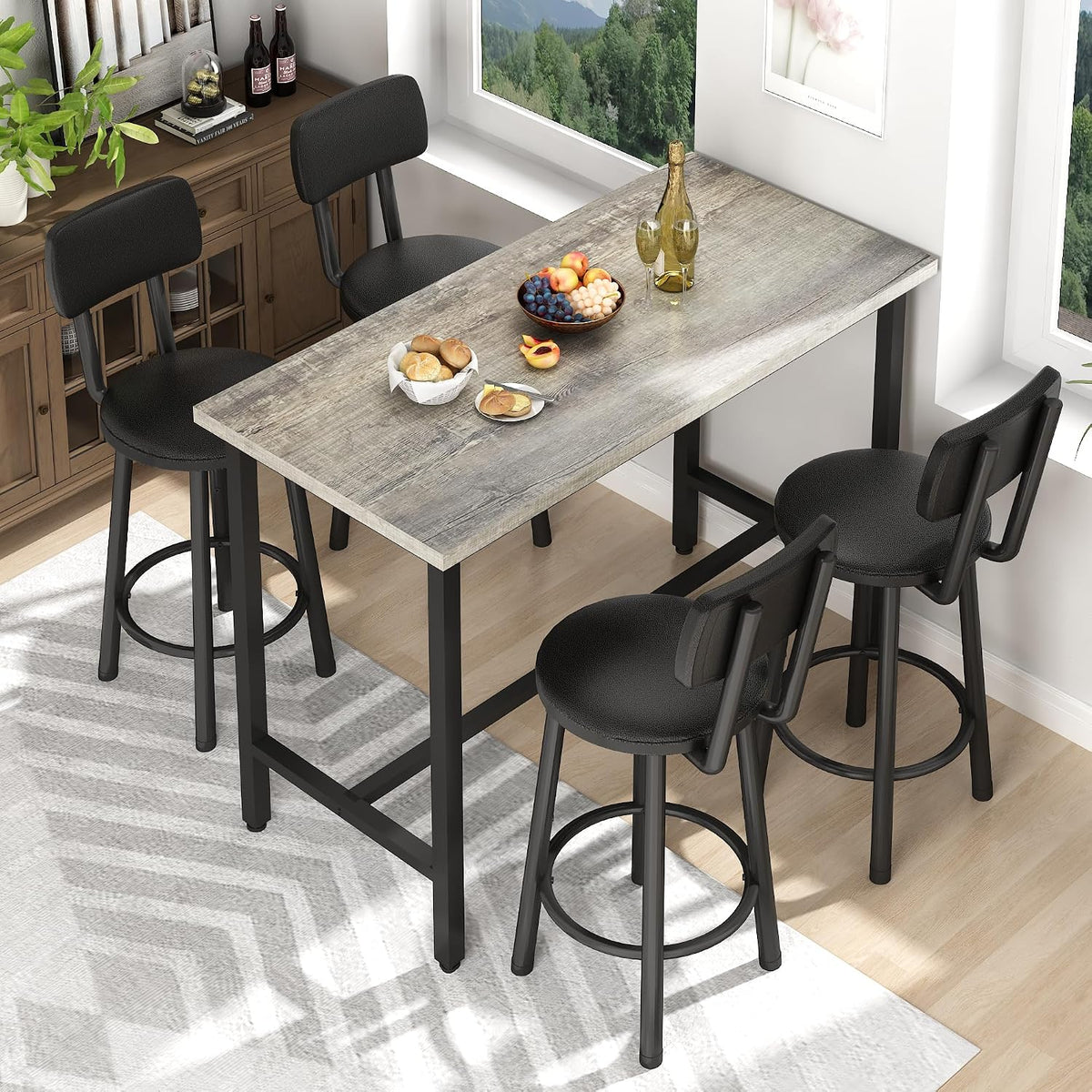MOOSENG 4-Piece Counter Height Bar Table Dining Set with Metal Frame & 4 PU Stools, Space-Saving for Kitchen, Restaurant, Small Apartment