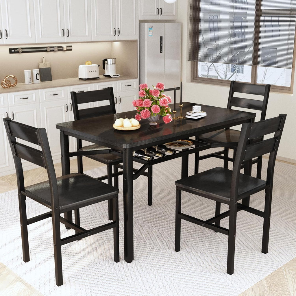 MOOSENG 5-Piece Dining Table Set with Wine Rack, Wood Kitchen Table and Set of 4 Chairs, Space-Saving Farmhouse Dinette Set for Breakfast Nook, Apartment Brown