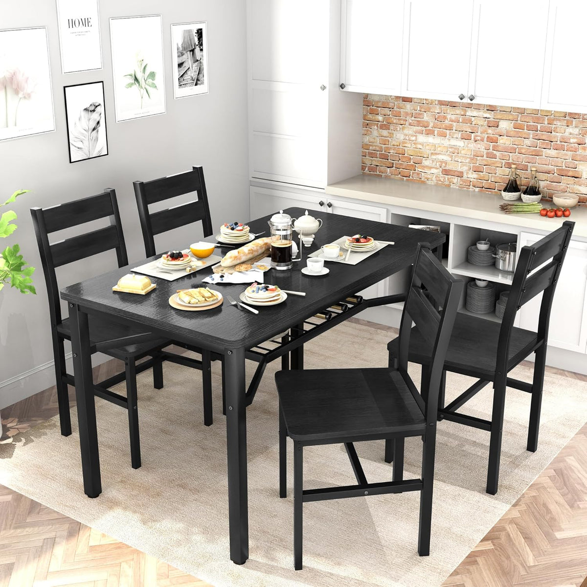 MOOSENG 5-Piece Dining Table Set with Wine Rack, Wood Kitchen Table and Set of 4 Chairs, Space-Saving Farmhouse Dinette Set for Breakfast Nook, Apartment Brown
