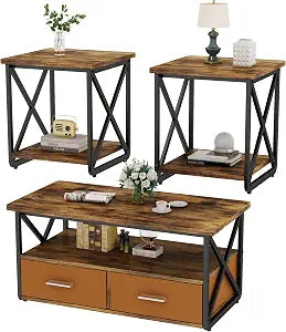 Cvortll 3-Piece Coffee Table Set with Storage, Rustic Brown Wood & Black Metal Industrial Living Room Table Set (No ratings yet)