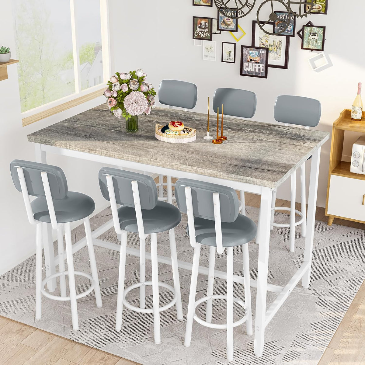 7-Piece Dining Table Set for 6, 50" Wood High-Dining Bistro Set with 6 Backrest Cushion Stools, Saving Space Pub and Chairs Sets for Bar, Kitchen, Gray