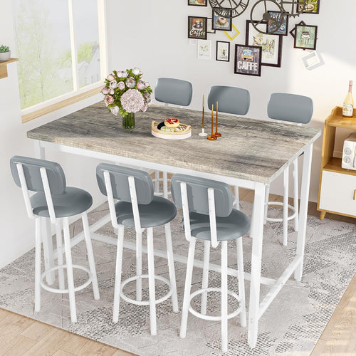 7-Piece Dining Table Set for 6, 50" Wood High-Dining Bistro Set with 6 Backrest Cushion Stools, Saving Space Pub and Chairs Sets for Bar, Kitchen, Gray