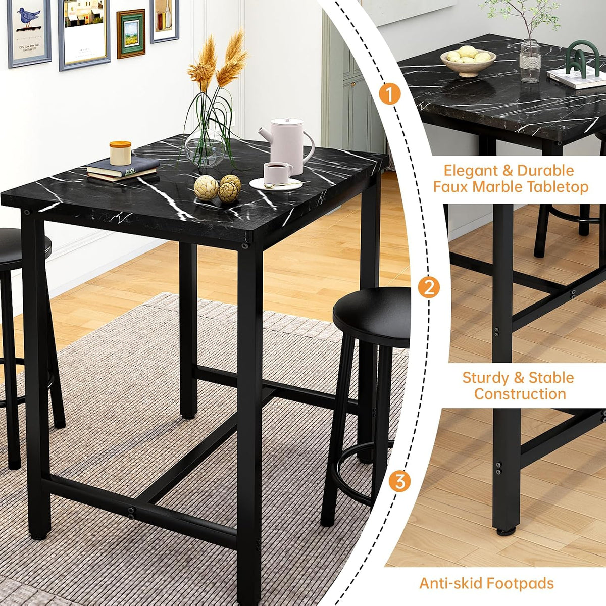 MOOSENG 3 Piece Counter Height Dining Table Set for 2, Bar Table Set of 2 Bistro Kitchen Table Sets with 2 PU Leather Bar Stools, Bar Table Set for Breakfast Nook Small Space