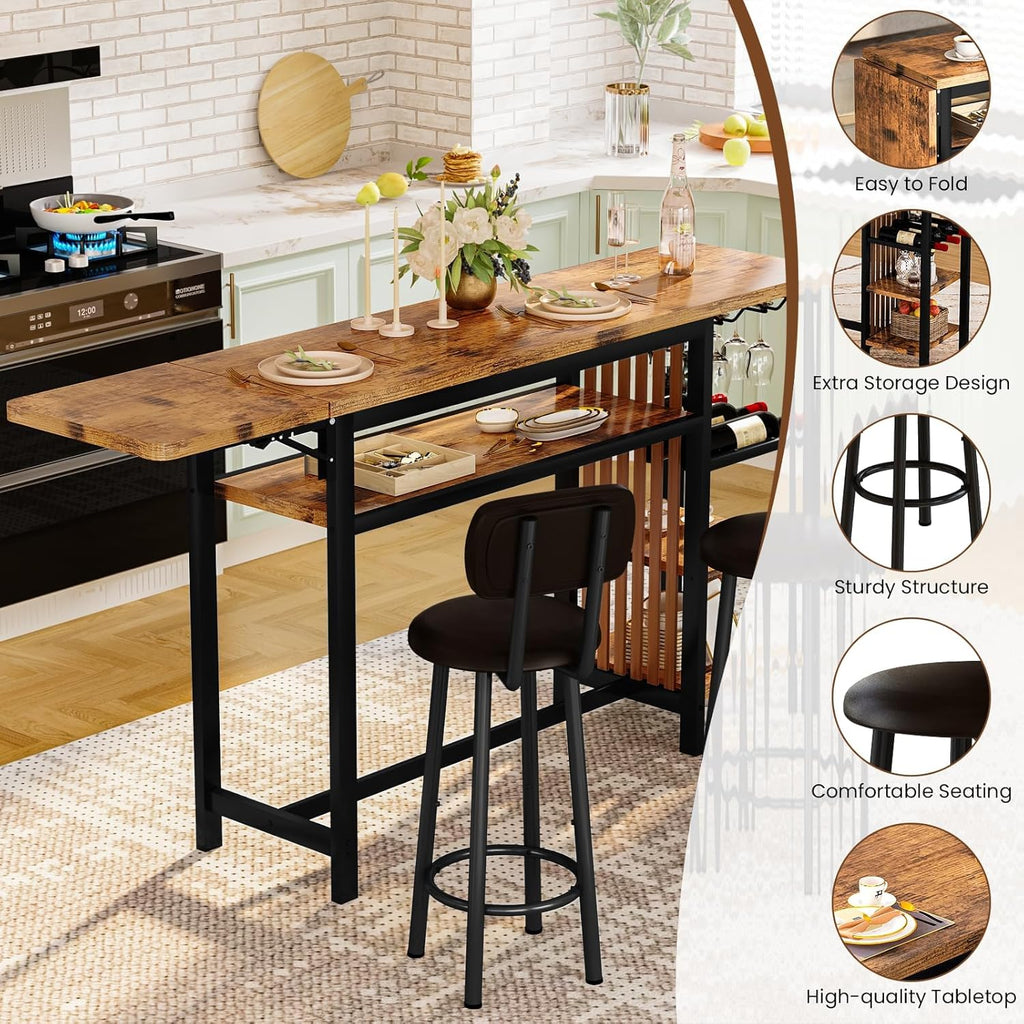 LinkRomat Bar Table Set, Modern Kitchen Dining Table with 4 Storage Shelves and 2 PU Back Stools for Kitchen and Breakfast Nook, Expandable 59 Inch