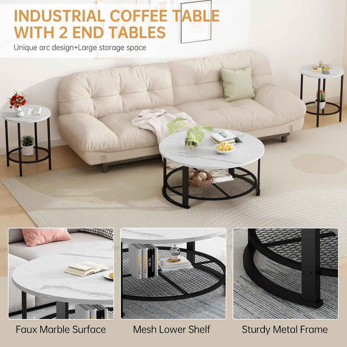 MOOSENG Coffee Table Set of 3, Industrial Vintage Wood Coffee Table with 2 Square End Side Tables, Easy Assembly Living Room Table Set for Offices, Living Rooms and Apartments