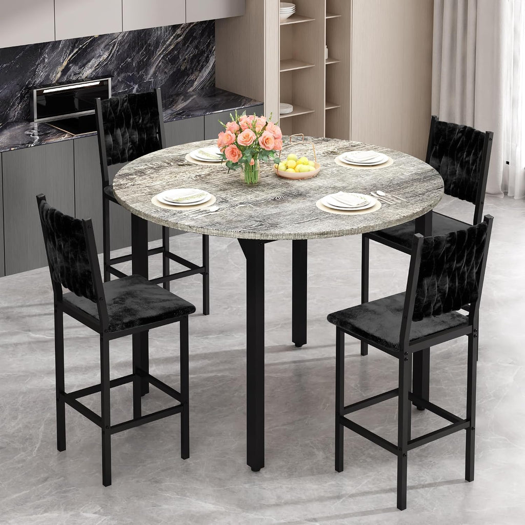MOOSENG 5 Piece Round Dining Table Set for 4, Counter Height Dining Set with 4 Velvet Upholstered Chairs, Modern Kitchen Table Set, Round Dining Table & Chair for Small Spaces