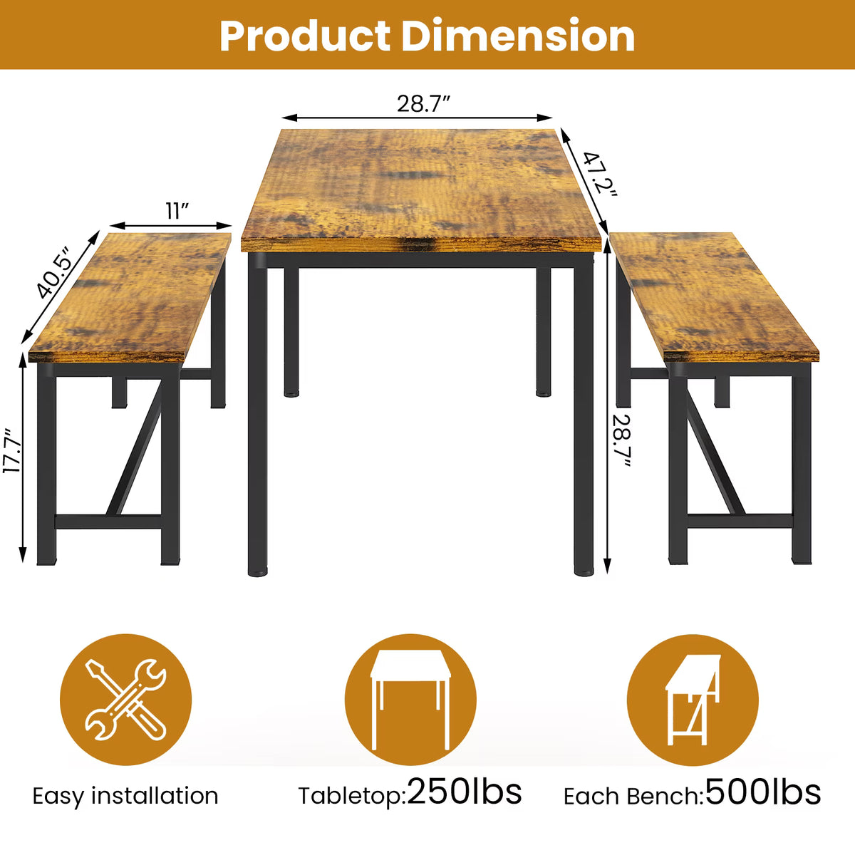 Cvortll Farmhouse Dining Table Set for 4, Small Kitchen Table Set with 2 Benches for Apartment Dining Room, Brown