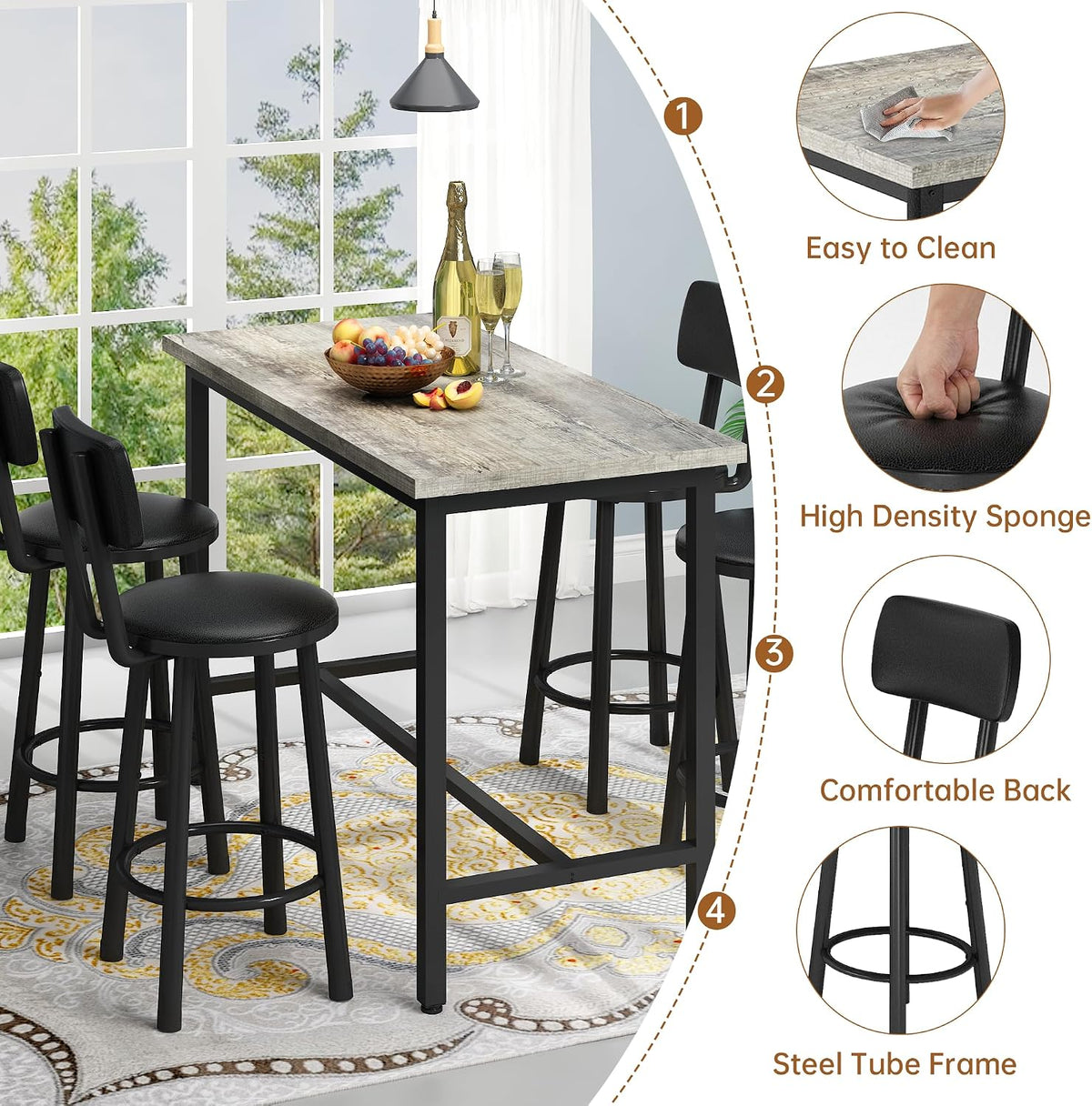 MOOSENG 4-Piece Counter Height Bar Table Dining Set with Metal Frame & 4 PU Stools, Space-Saving for Kitchen, Restaurant, Small Apartment