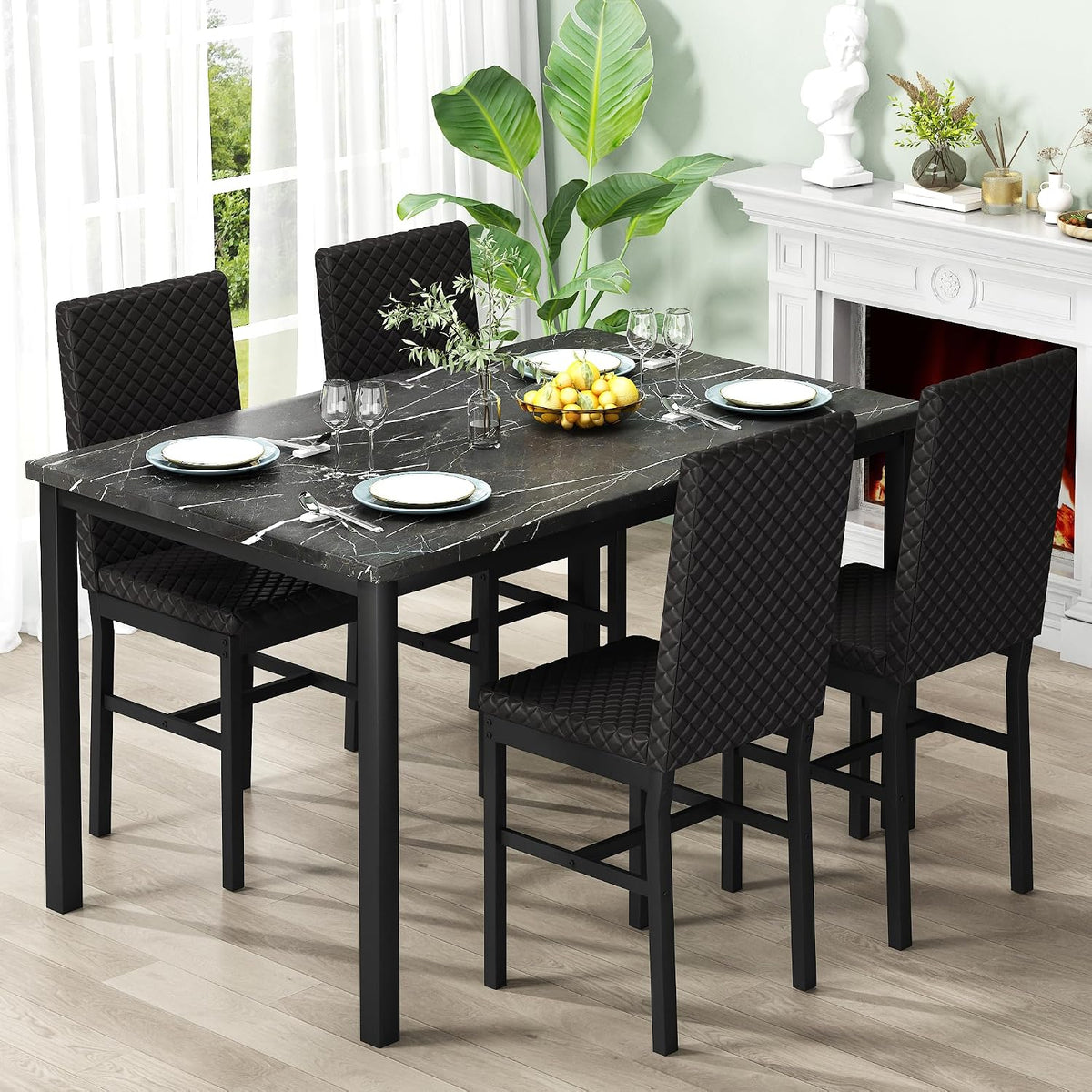 Cvortll 5 Piece Dining Table Set, Kitchen Table and Chairs Set for 4 with Faux Marble and 4 Velvet Upholstered Dining Chairs for Home, Restaurant, Black & Black