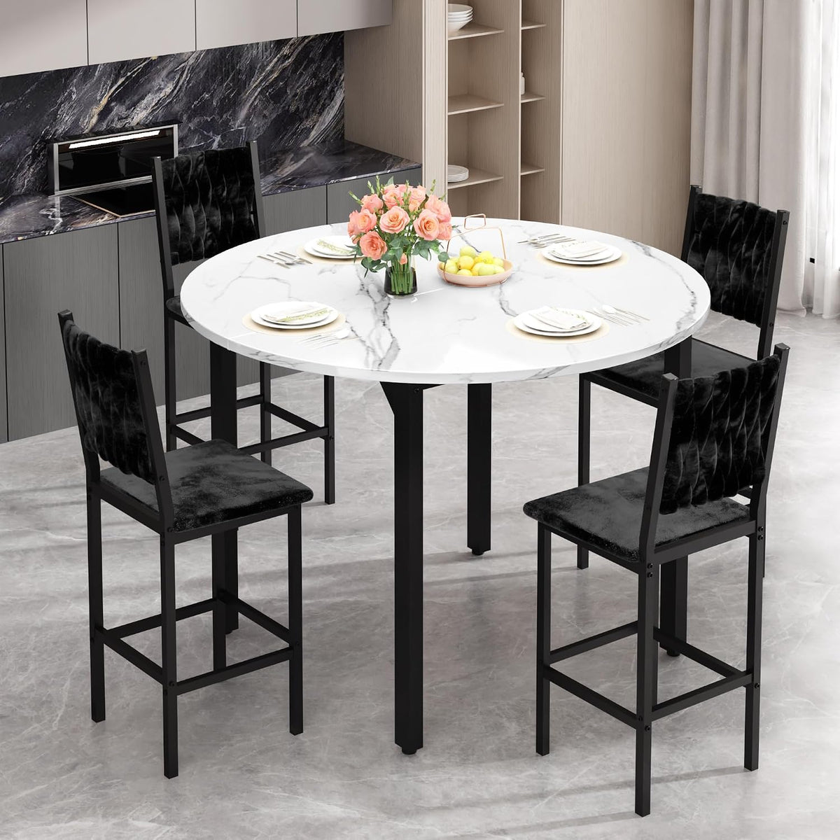 MOOSENG 5 Piece Round Dining Table Set for 4, Counter Height Dining Set with 4 Velvet Upholstered Chairs, Modern Kitchen Table Set, Round Dining Table & Chair for Small Spaces