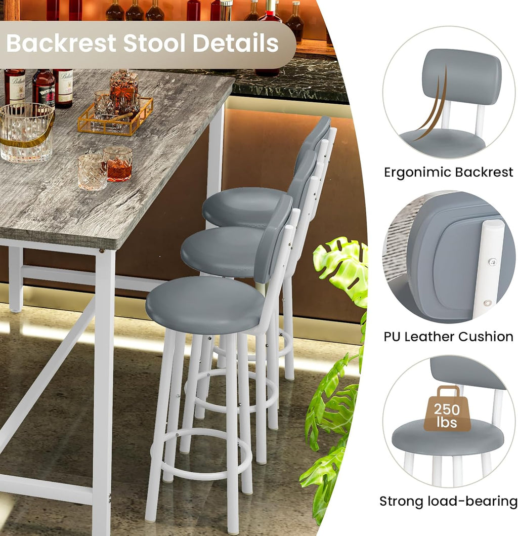 7-Piece Dining Table Set for 6, 50" Wood High-Dining Bistro Set with 6 Backrest Cushion Stools, Saving Space Pub and Chairs Sets for Bar, Kitchen, Gray