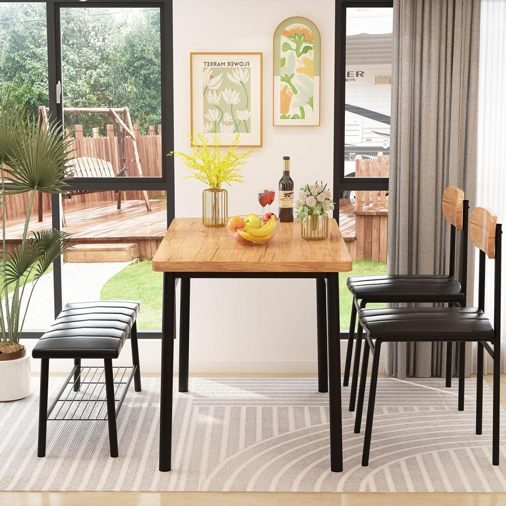 LinkRomat 4-Piece Dining Table Set with Bench & Chairs, Industrial Kitchen Table for 4, Metal Frame with Storage Rack, for Small Space, Apartment