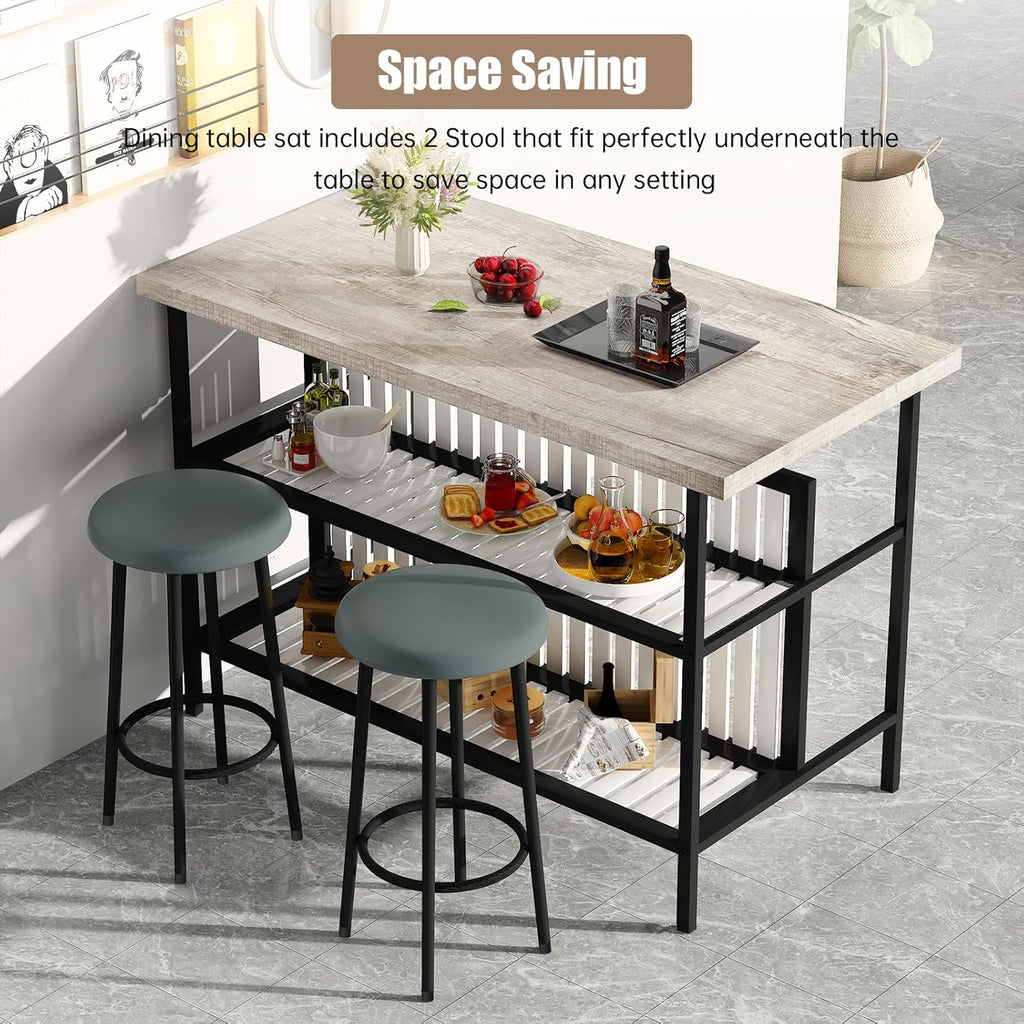 MOOSENG 3-Piece Kitchen Island Set with Storage, Wooden Bar Table and 2 Stools, Industrial Modern Counter Height Dining Table Sets for Small Spaces, Dining Room