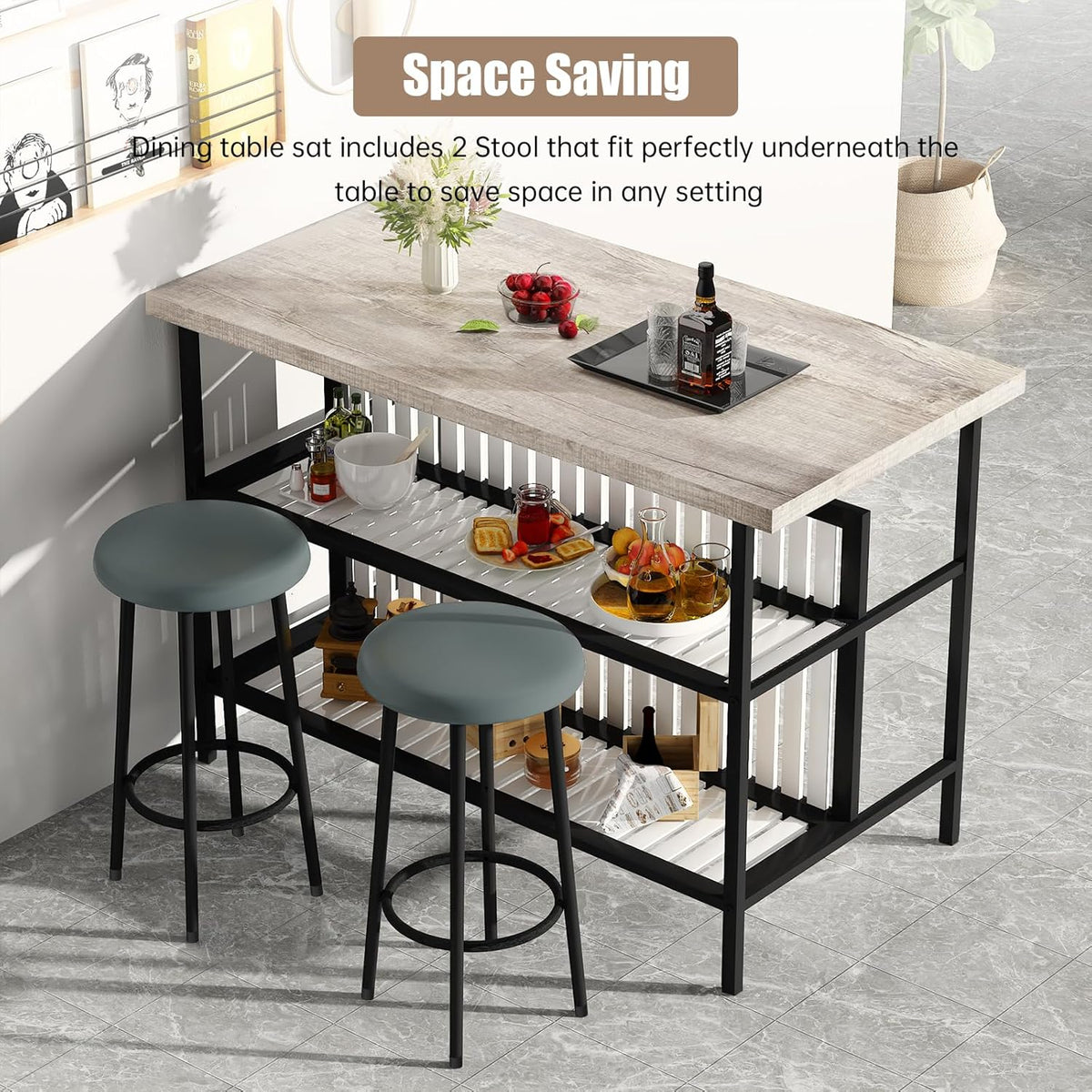 MOOSENG 3-Piece Kitchen Island Set with Storage, Wooden Bar Table and 2 Stools, Industrial Modern Counter Height Dining Table Sets for Small Spaces, Dining Room